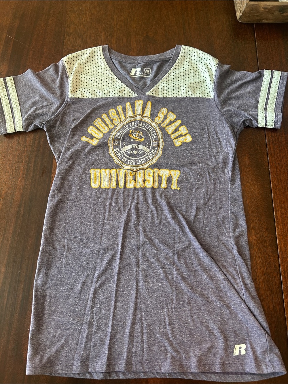 Russell Athletic Heather Gray Kids' V-Neck Tee with Yellow Logo and Mint Accents